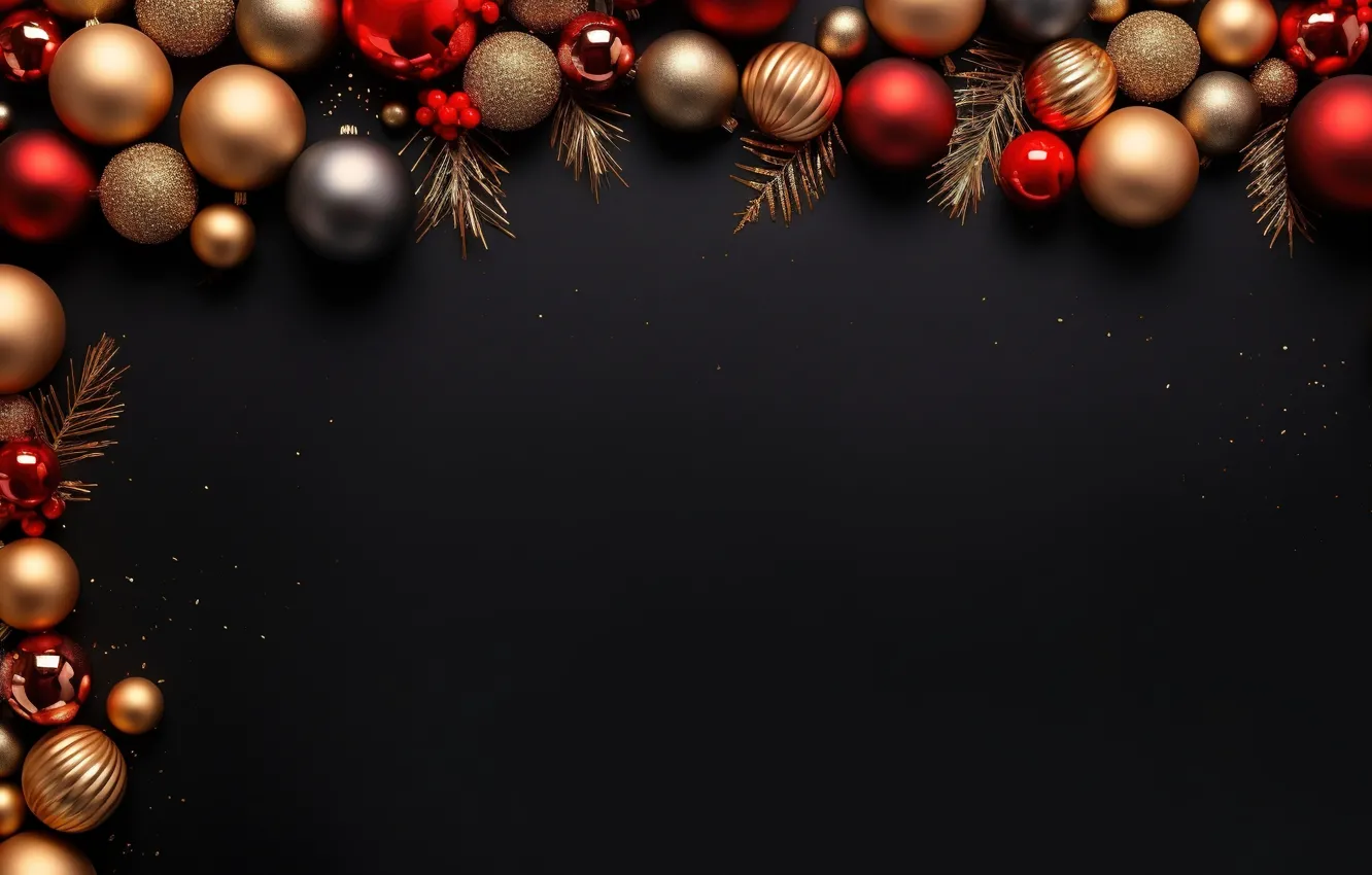 Фото обои украшения, темный фон, шары, Новый Год, Рождество, golden, new year, happy