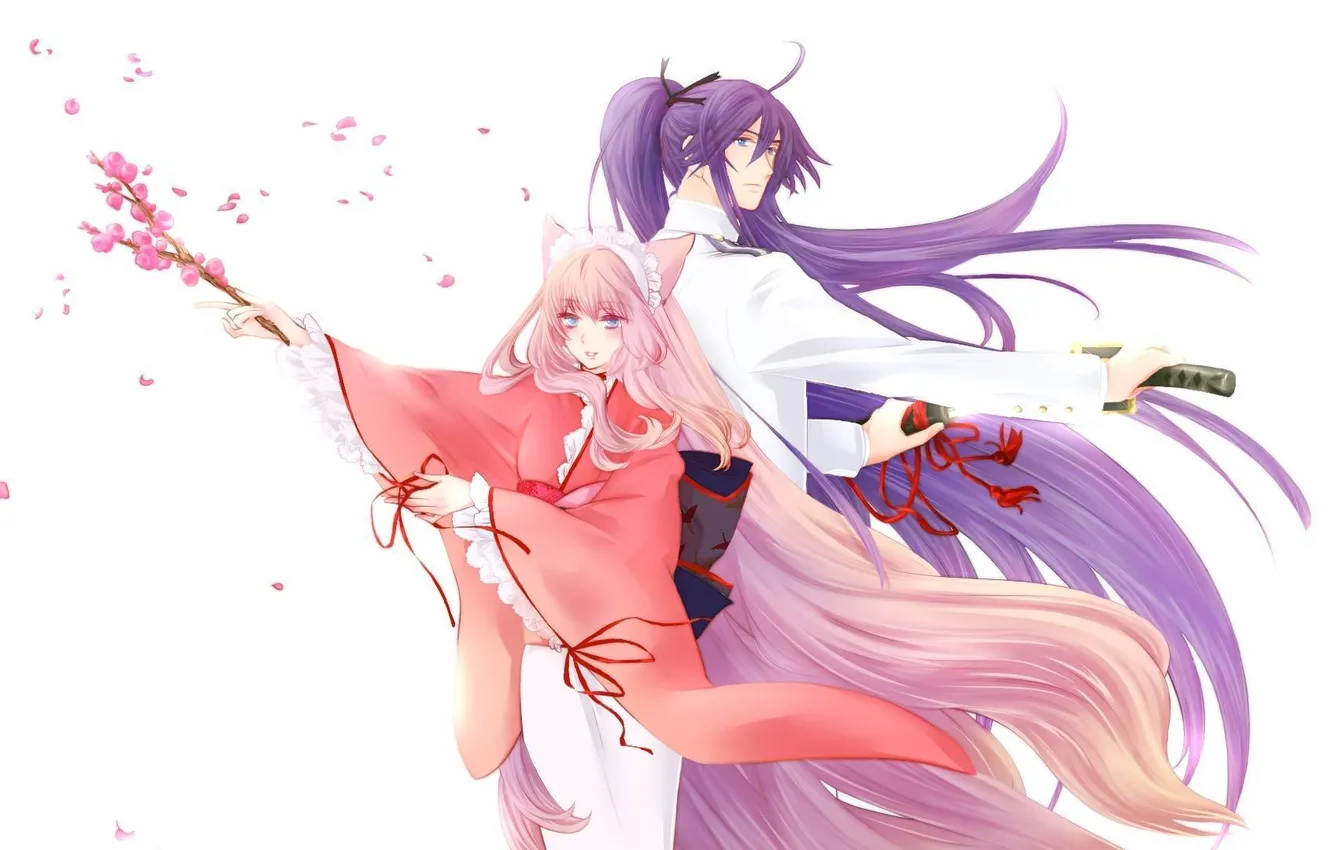 Фото обои девушка, оружие, весна, аниме, сакура, парень, кимоно, vocaloid