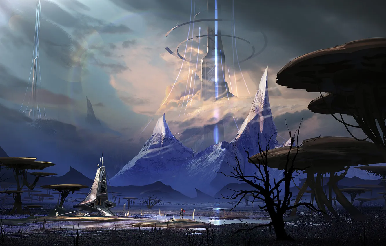 Фото обои лучи, горы, человек, корабль, планета, башня, арт