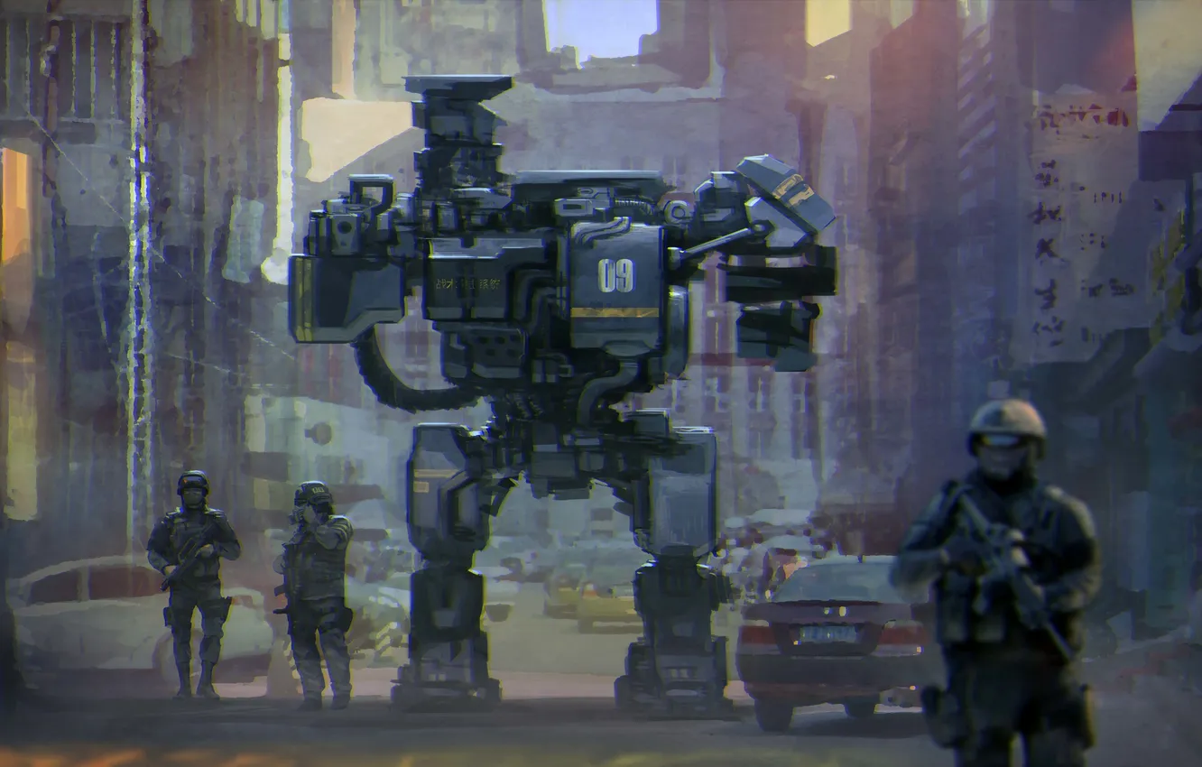 Фото обои город, будущее, улица, робот, арт, патруль, Weihao Wei
