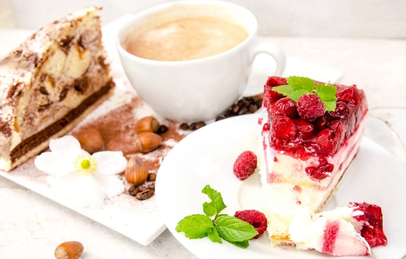 Фото обои ягоды, малина, кофе, пирожное, орехи, десерт, dessert, Sweet