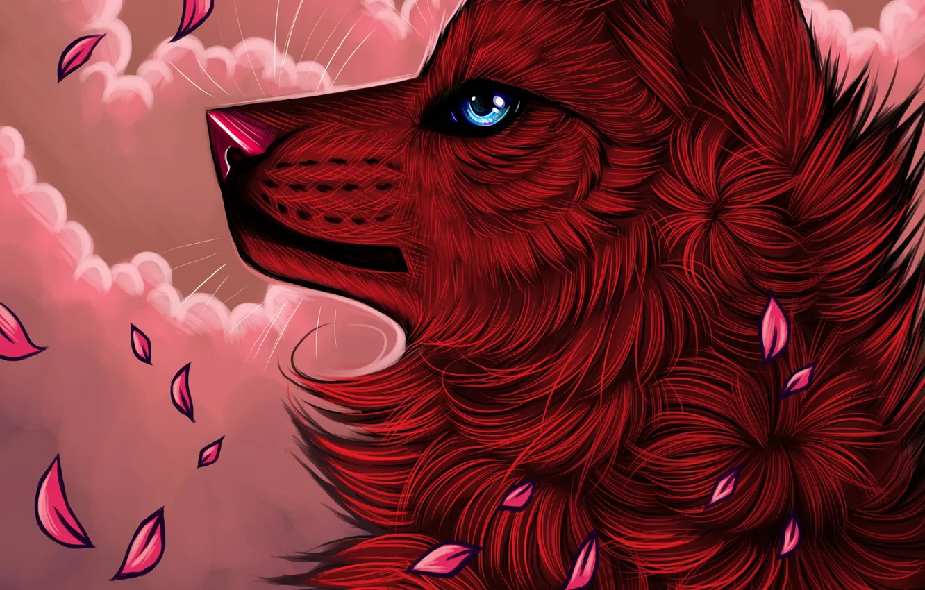 Фото обои лепестки, myarukawolf, by myarukawolf, красный волк