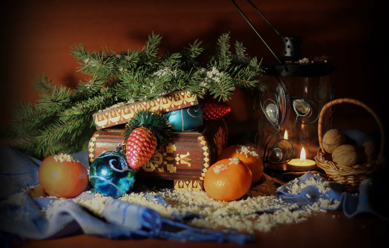 Фото обои зима, снег, праздник, елка, новый год, рождество, фонарь, шкатулка