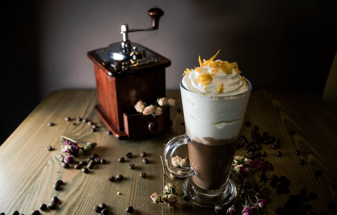 Фото обои кофе, сливки, мороженое, десерт, wood, кофейные зёрна, кофемолка, гляссе