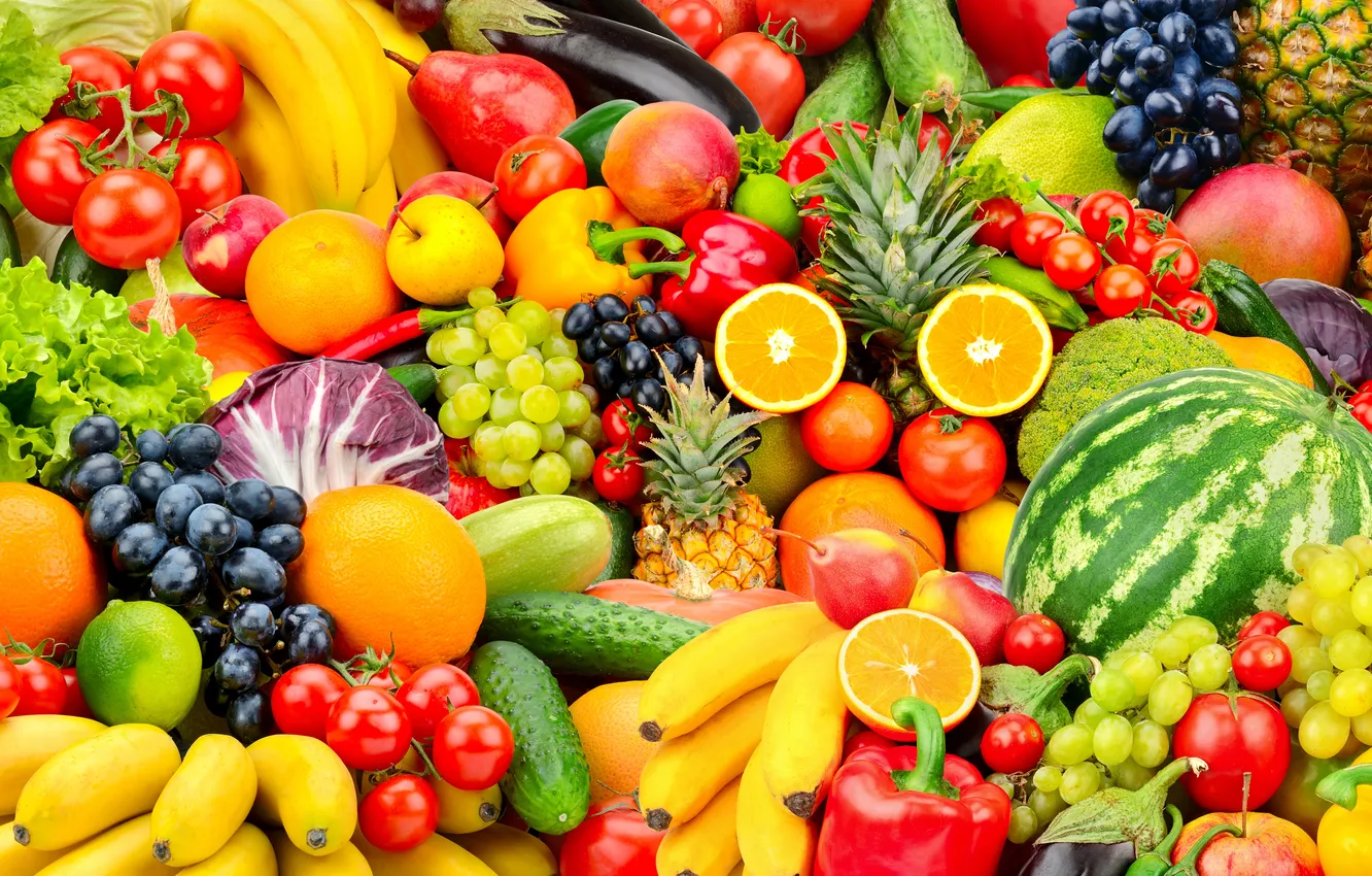 Фото обои food, grapes, fruits, apples, bananas, watermelons