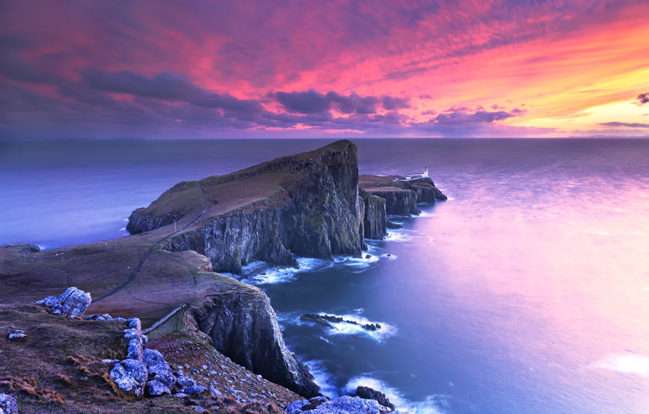 Фото обои фиолетовый, вода, закат, океан, розовый