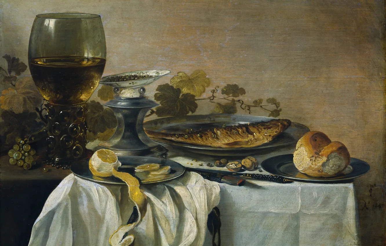 Фото обои лимон, бокал, еда, рыба, картина, Натюрморт, Питер Клас