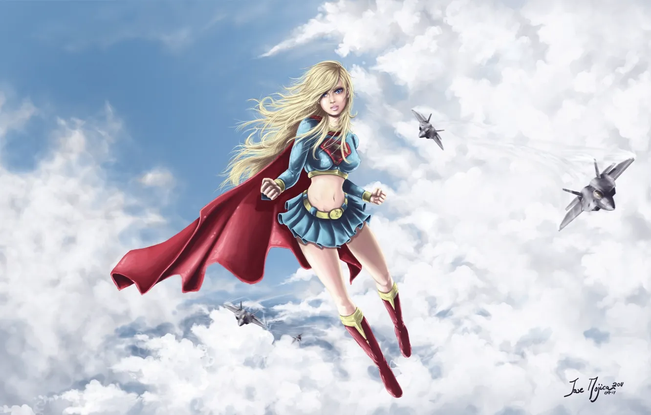 Фото обои облака, полет, самолеты, костюм, плащ, супергерой, Supergirl