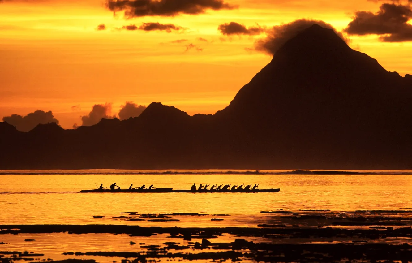 Фото обои море, горы, лодка, Таити, Французская Полинезия, Острова Общества