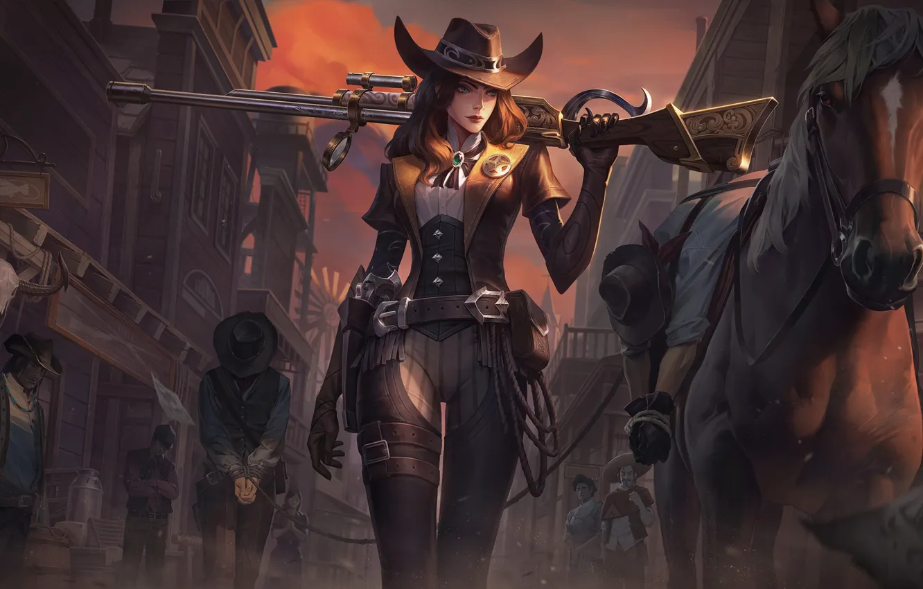 Фото обои лошадь, League of Legends, LOL, cowgirl, игровой персонаж, game art, девушка art, Caitlyn (League of …