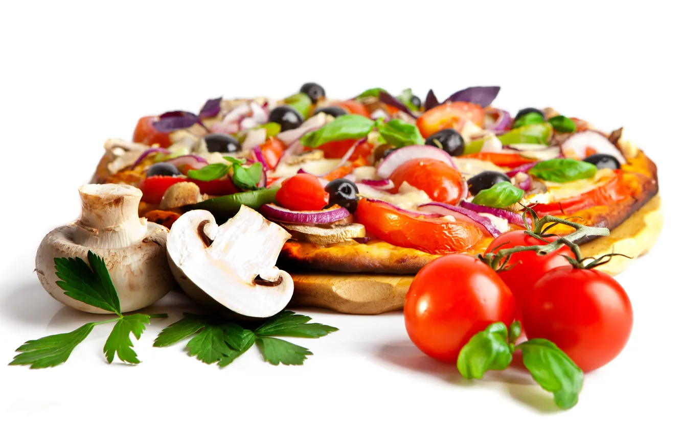 Фото обои грибы, сыр, лук, пицца, помидоры, маслины, шампиньоны