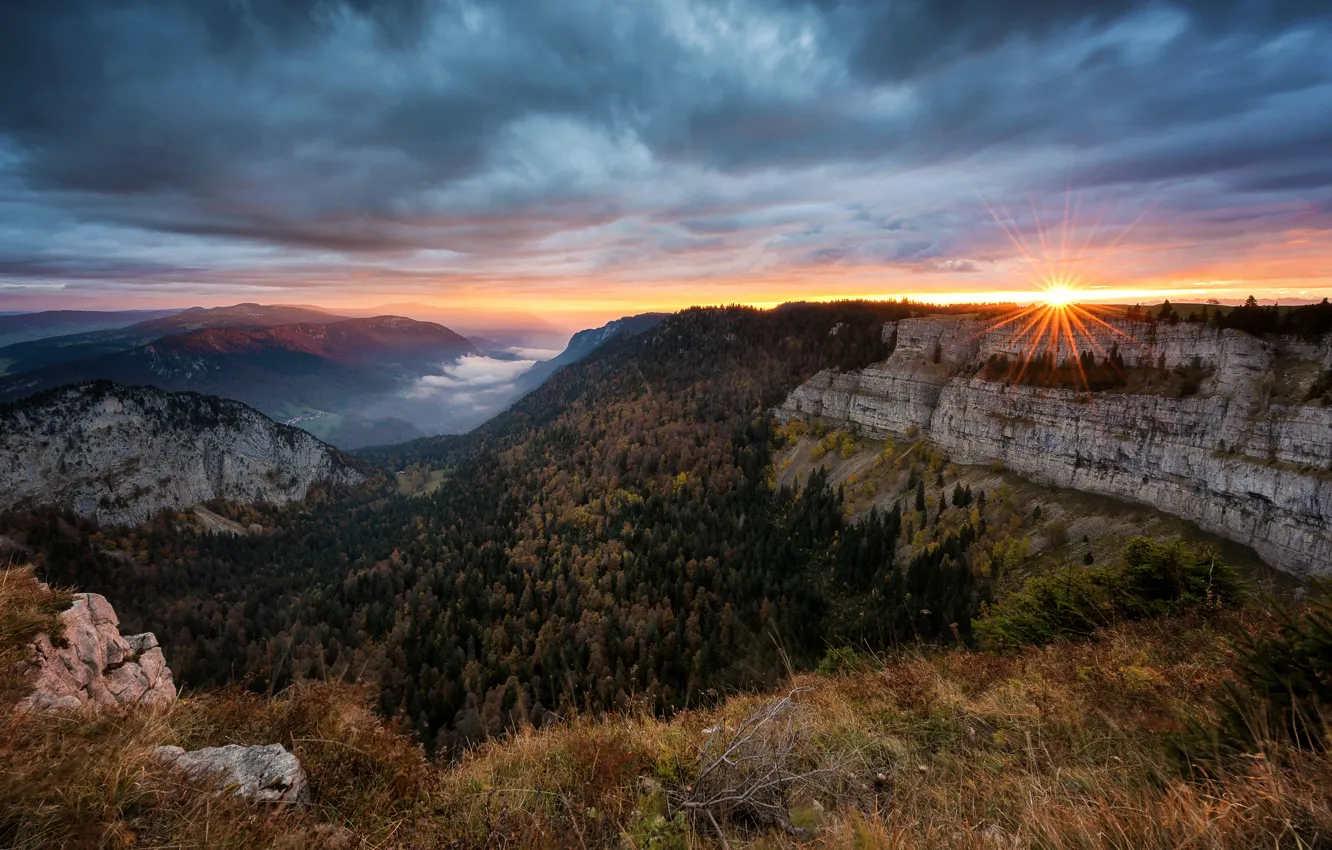 Фото обои горы, рассвет, утро, Швейцария, Creux du Van