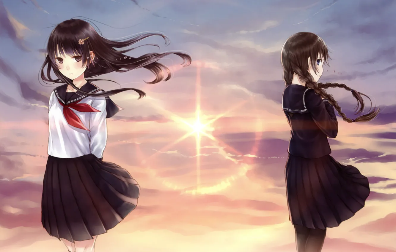 Фото обои небо, закат, девушки, ветер, арт, форма, школьницы, kazuharu kina