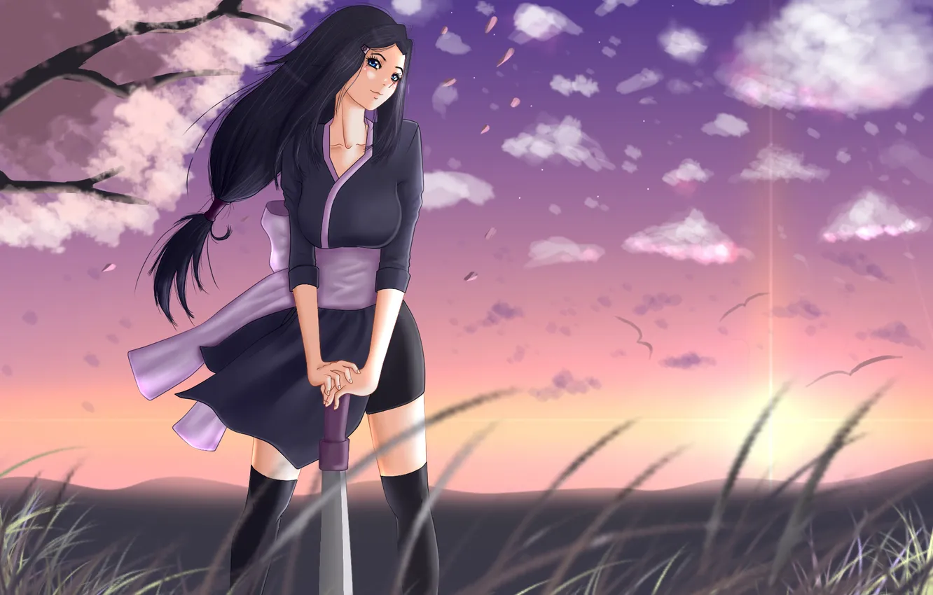 Фото обои трава, облака, птицы, ветер, Девушка, меч, лепестки, сакура