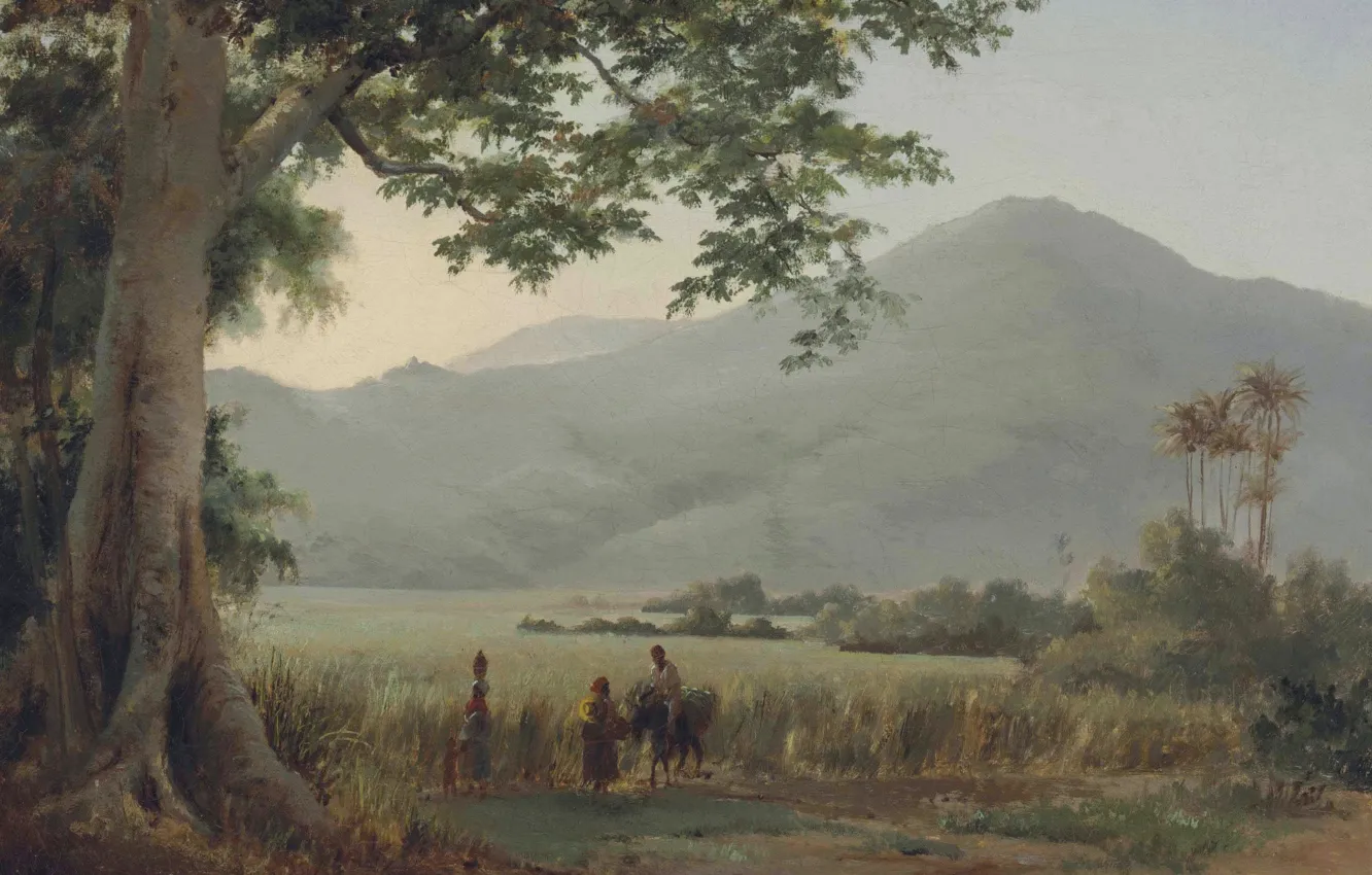 Фото обои горы, пальмы, люди, картина, Камиль Писсарро, Пейзаж на Сент Томас