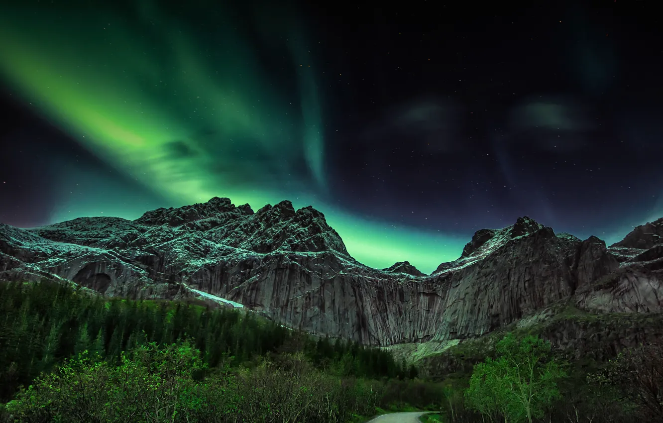 Фото обои дорога, деревья, горы, ночь, северное сияние, Норвегия