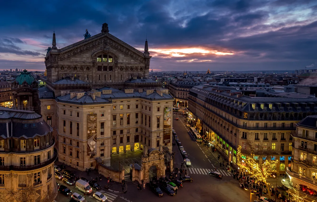 Фото обои Франция, Париж, здания, дороги, дома, вечер, Paris, Опера Гарнье
