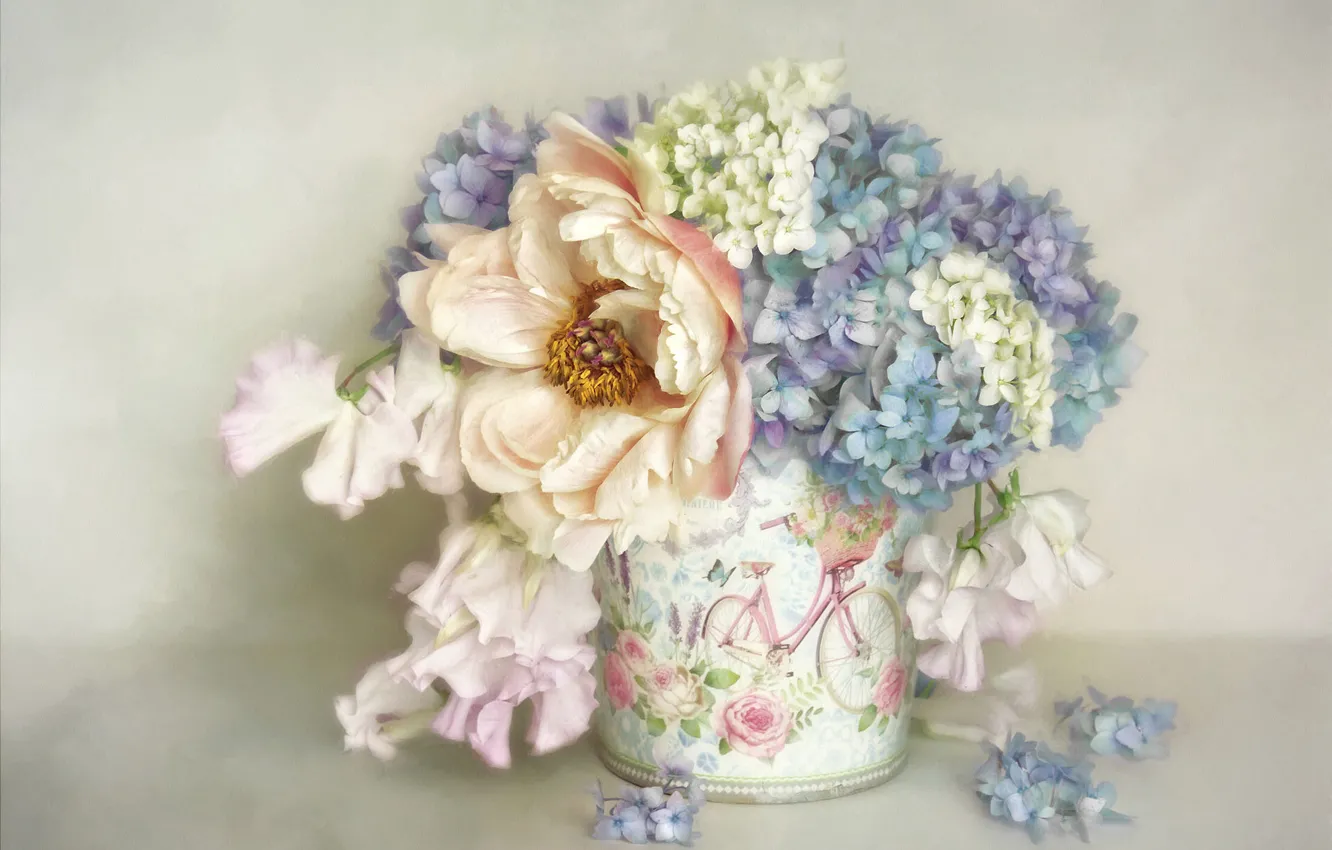 Фото обои цветы, фон, букет, голубые, арт, горшок, белые, живопись