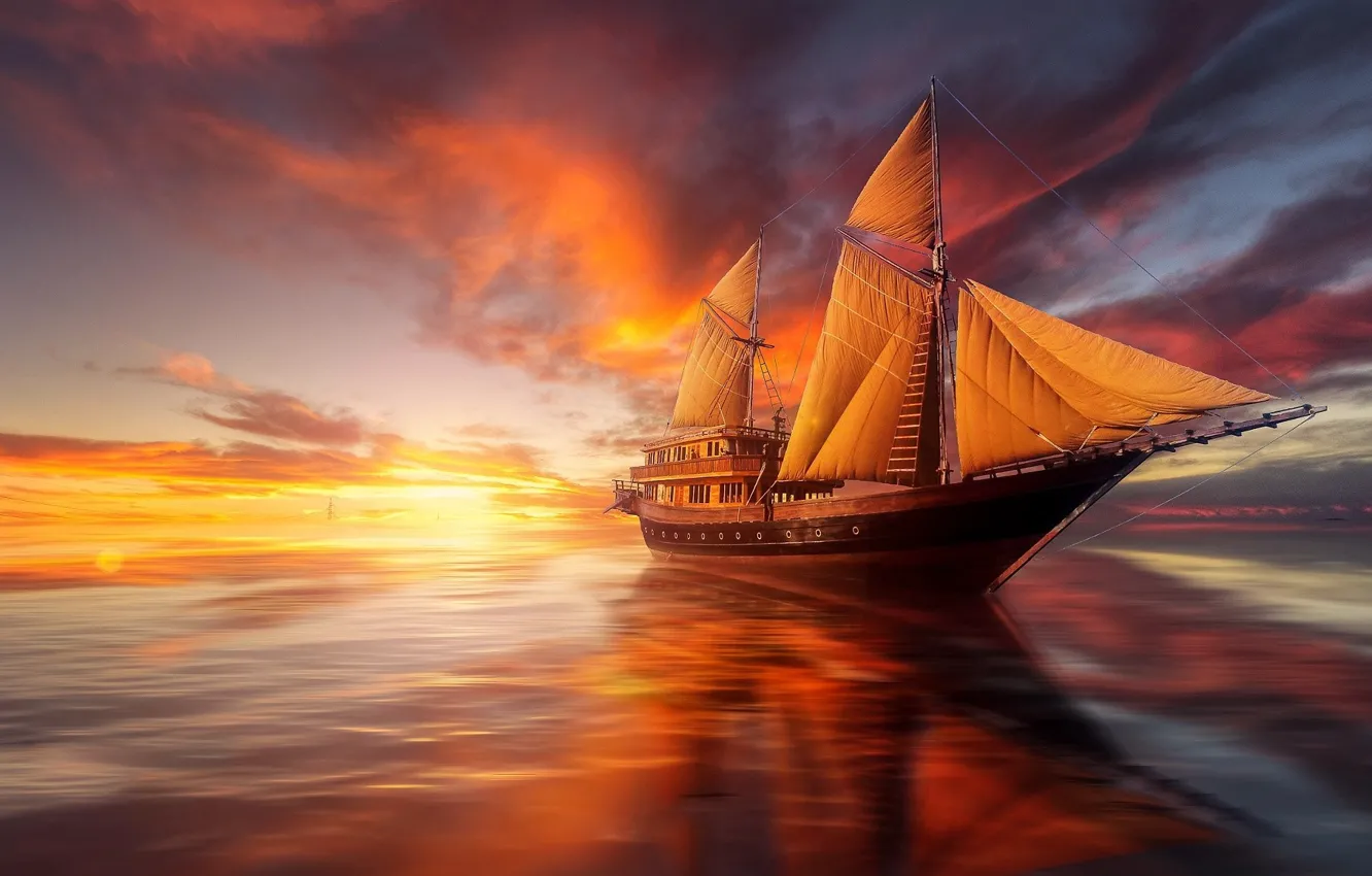 Фото обои море, закат, океан, корабль, парусник