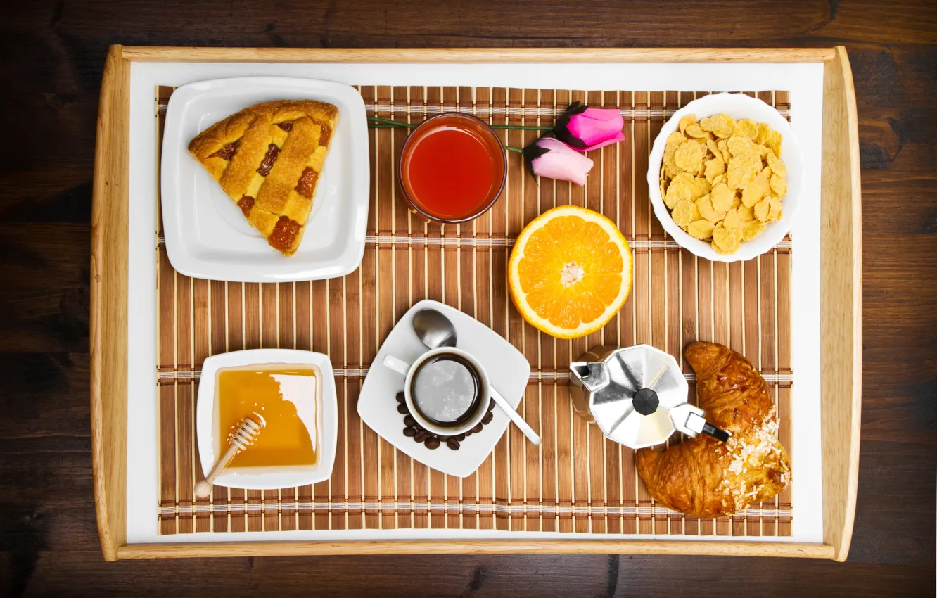 Фото обои кофе, апельсин, завтрак, мед, пирог, круассан