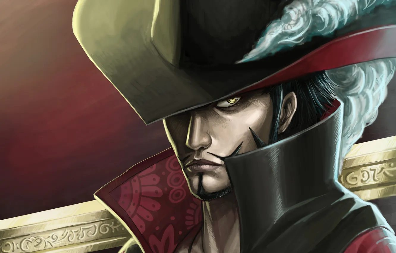 Фото обои взгляд, оружие, перо, шляпа, парень, art, one piece, dracule mihawk