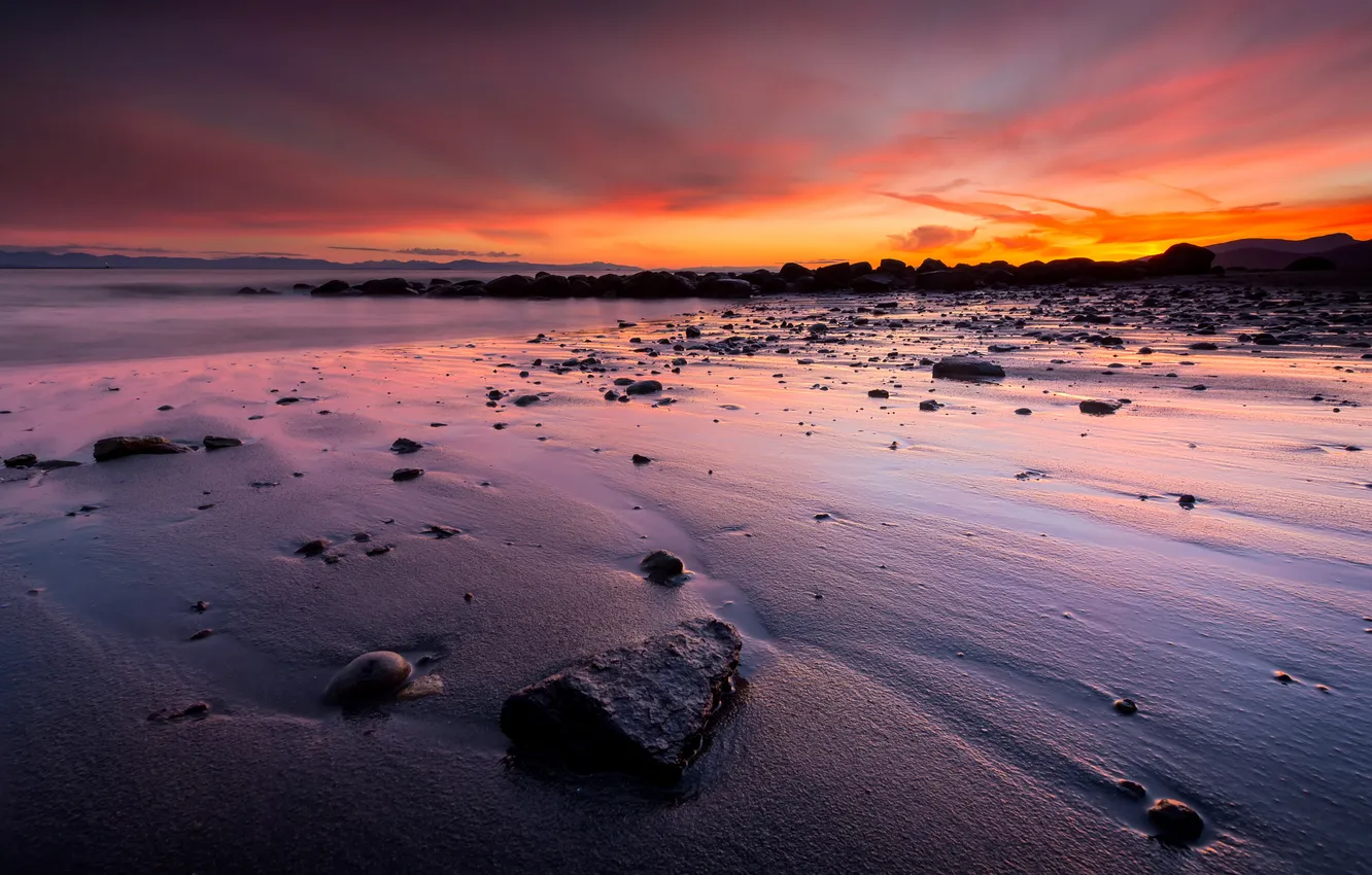Фото обои песок, море, закат, камни, берег, лужи
