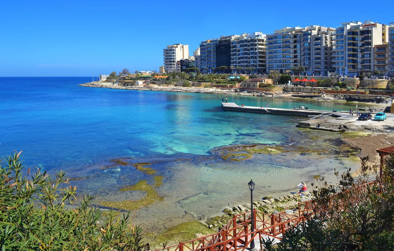 Фото обои море, дома, набережная, пальмы., Malta, Мальта