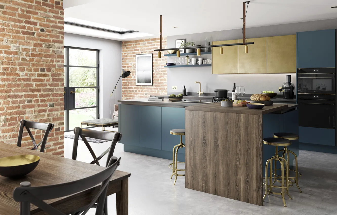 Фото обои дизайн, стиль, интерьер, кухня, столовая, dark blue painted brass kitchen