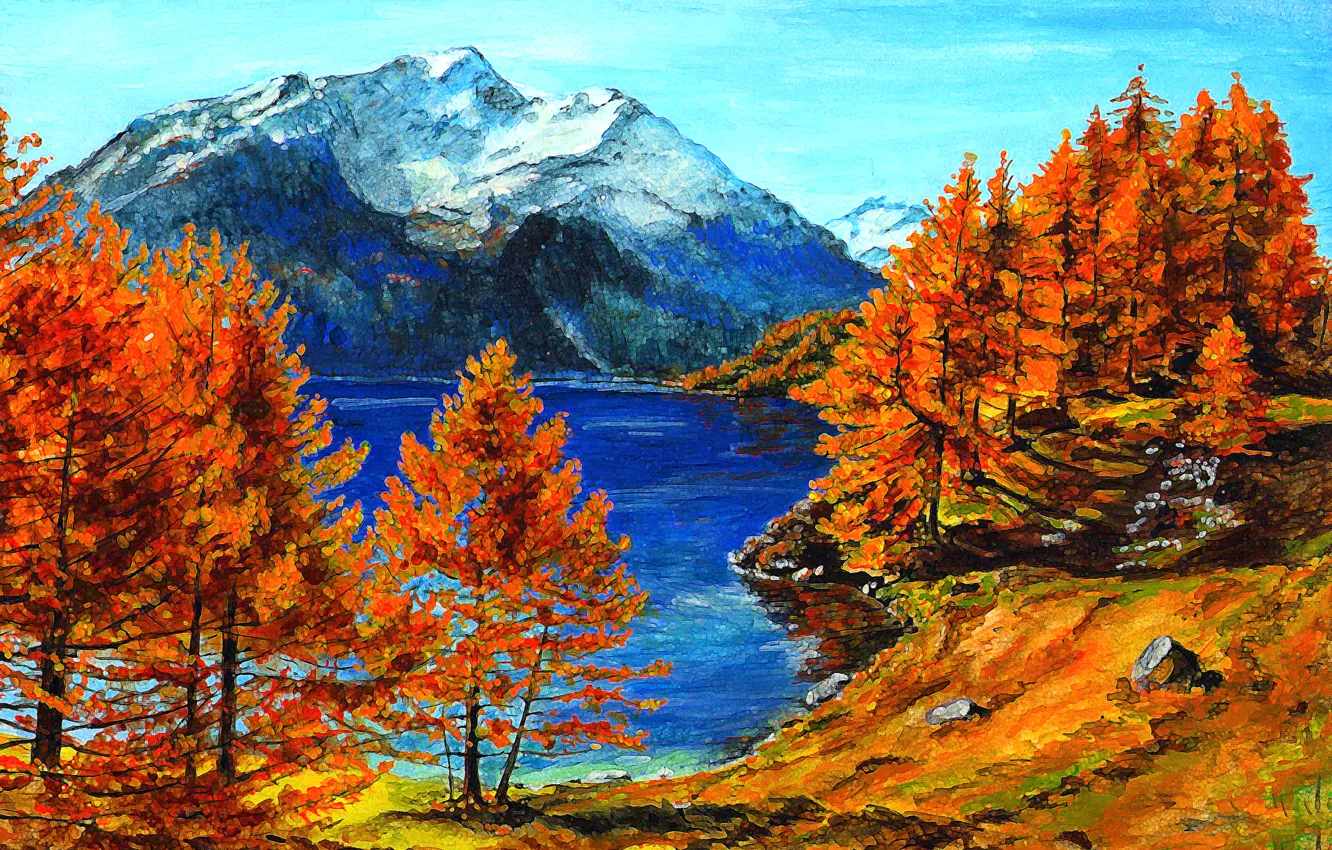 Фото обои осень, деревья, пейзаж, горы, рисунок, картина