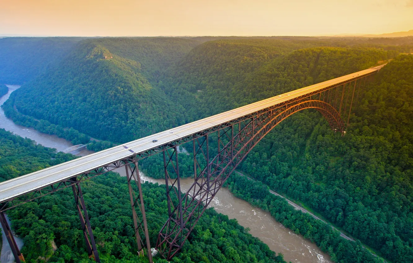 Фото обои мост, Река, Высота, Западная Вирджиния, леса, Леса, West Virginia, New River Gorge Bridge