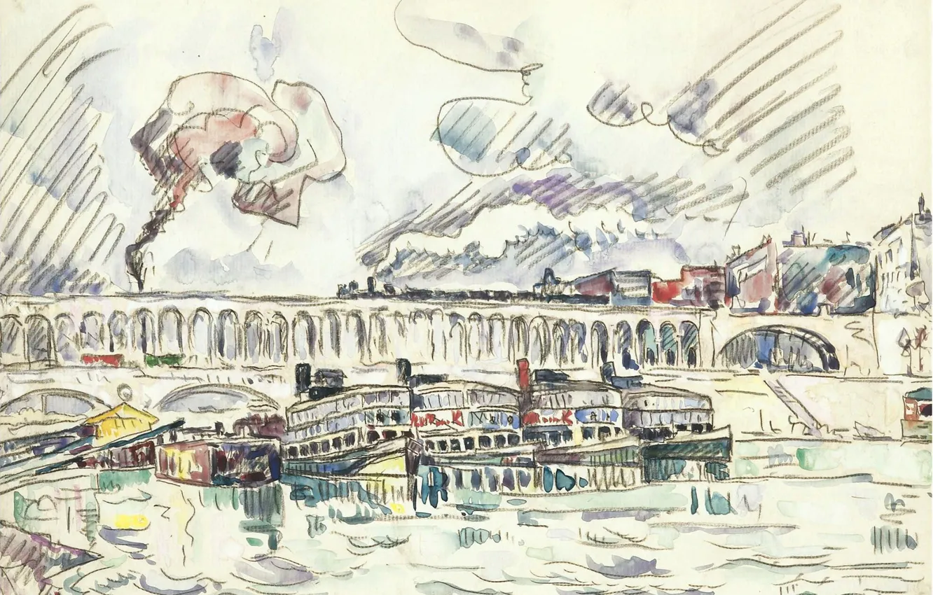 Фото обои рисунок, акварель, 1927, Поль Синьяк, Paul Signac, The Viaduct and Mouche Bridge at Auteuil