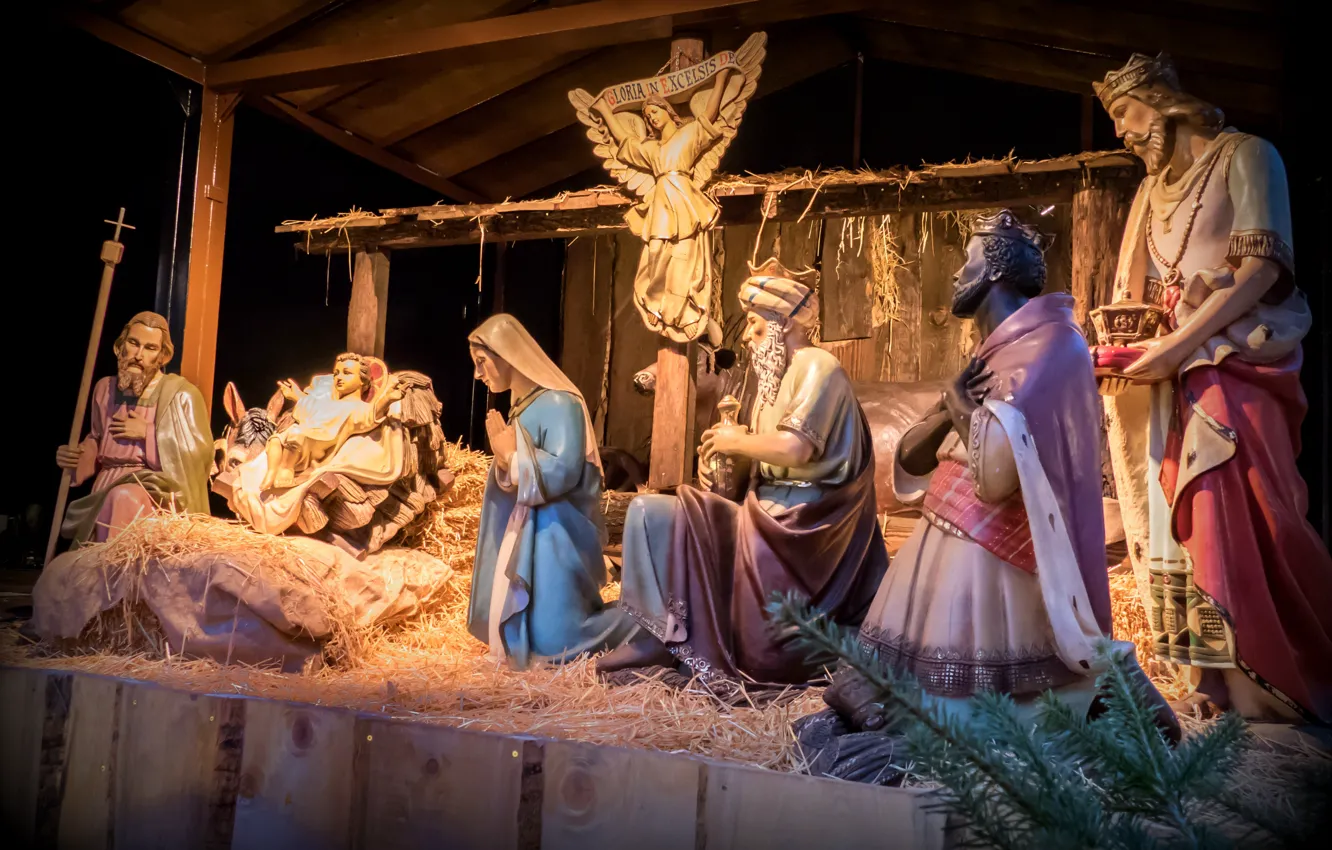 Фото обои Иисус, Сарай, Ангел, Рождество, Ребенок, Фигуры, Игрушки, Религия