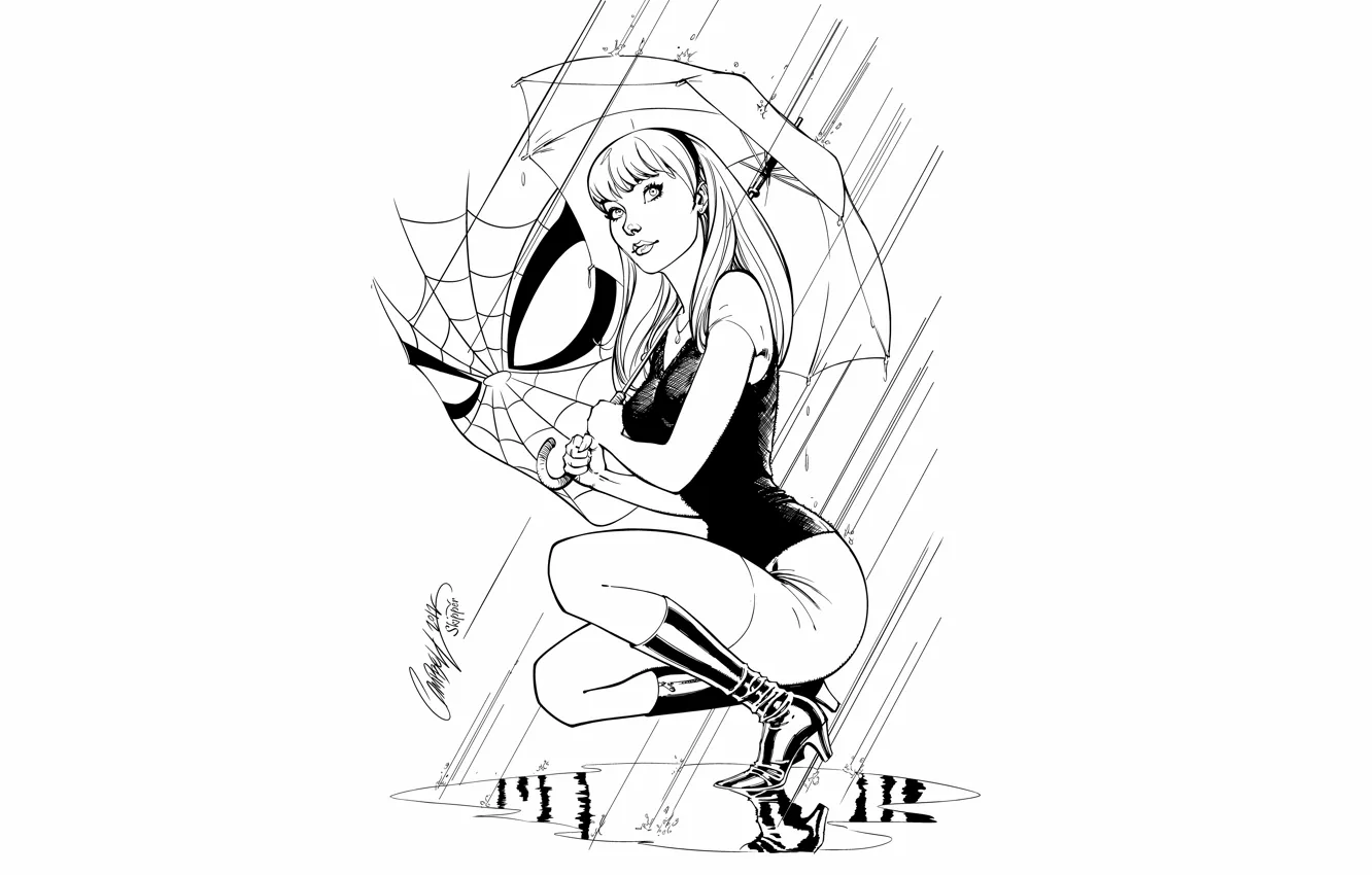 Фото обои фантастика, дождь, рисунок, зонт, Marvel, Spider Man, Gwen Stacy