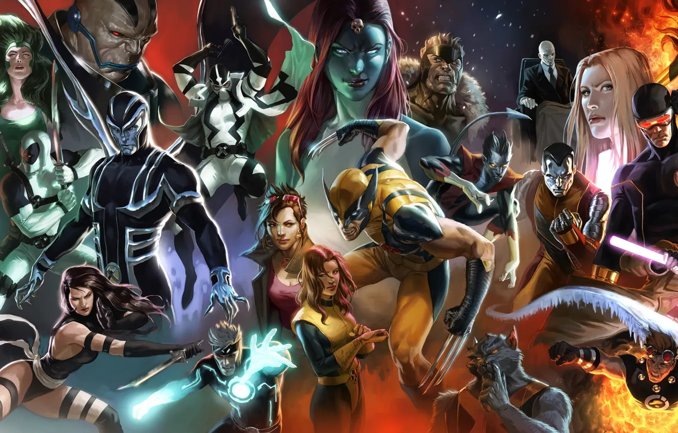 Фото обои Mystique, Wolverine, Storm, Rogue, Magneto, Professor X, Beast, Colossus