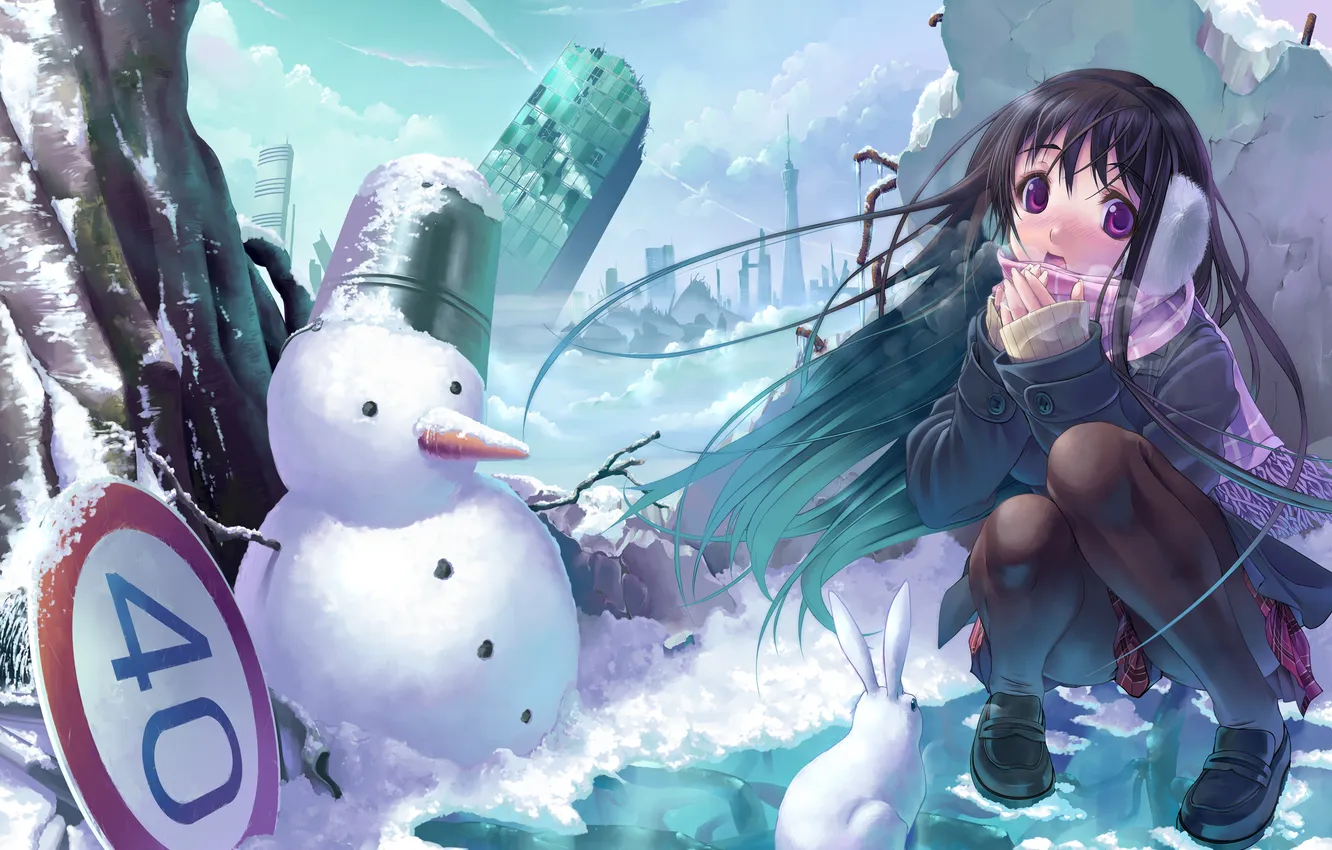 Фото обои зима, снег, город, знак, аниме, девочка, снеговик, руины