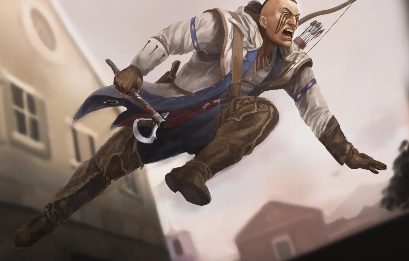 Фото обои оружие, прыжок, арт, мужчина, раскраска, Assassins Creed 3, Connor
