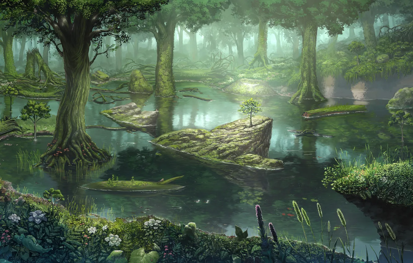 Фото обои лес, вода, пейзаж, пруд, болото, арт