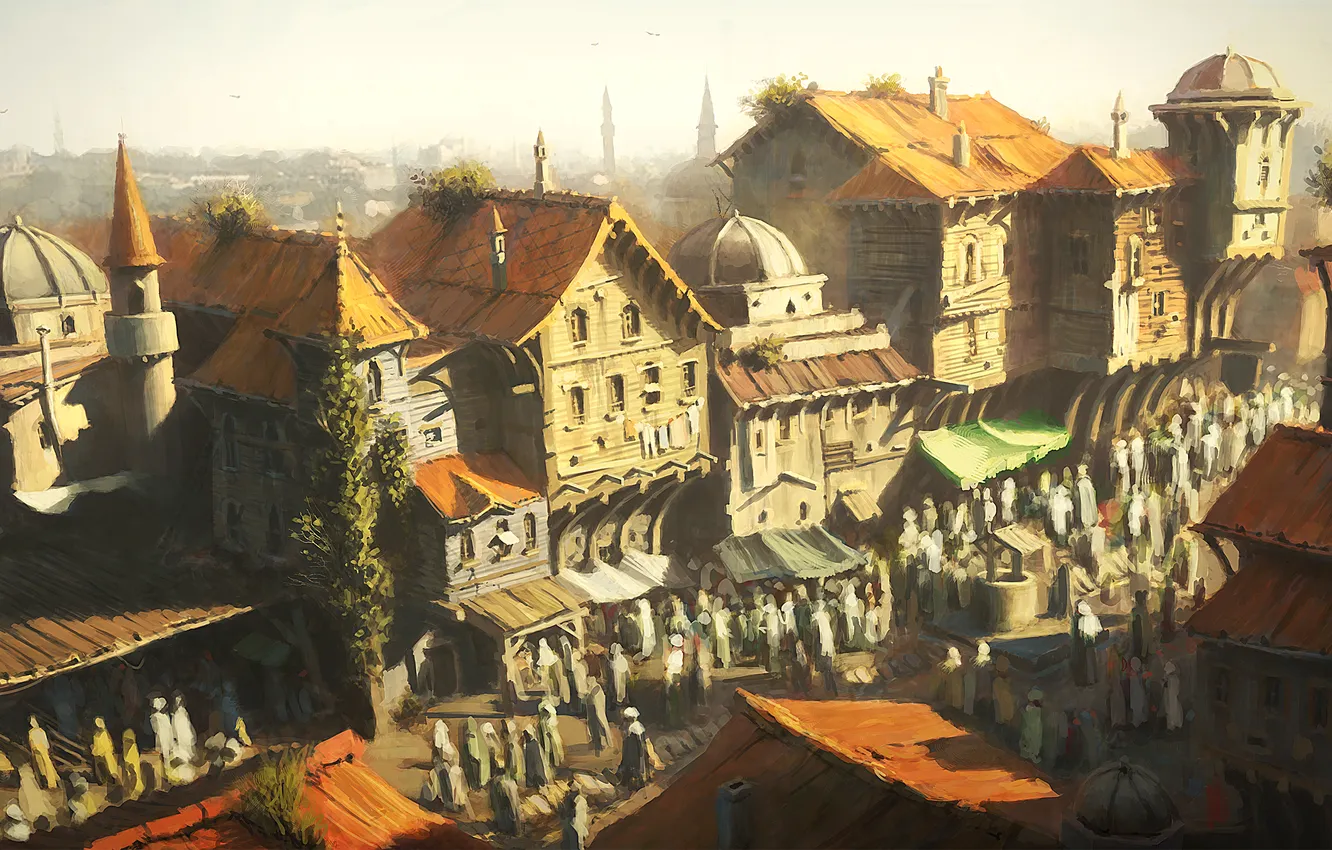 Фото обои город, люди, дома, базар, константинополь, Assassin’s Creed: Revelations, истамбул