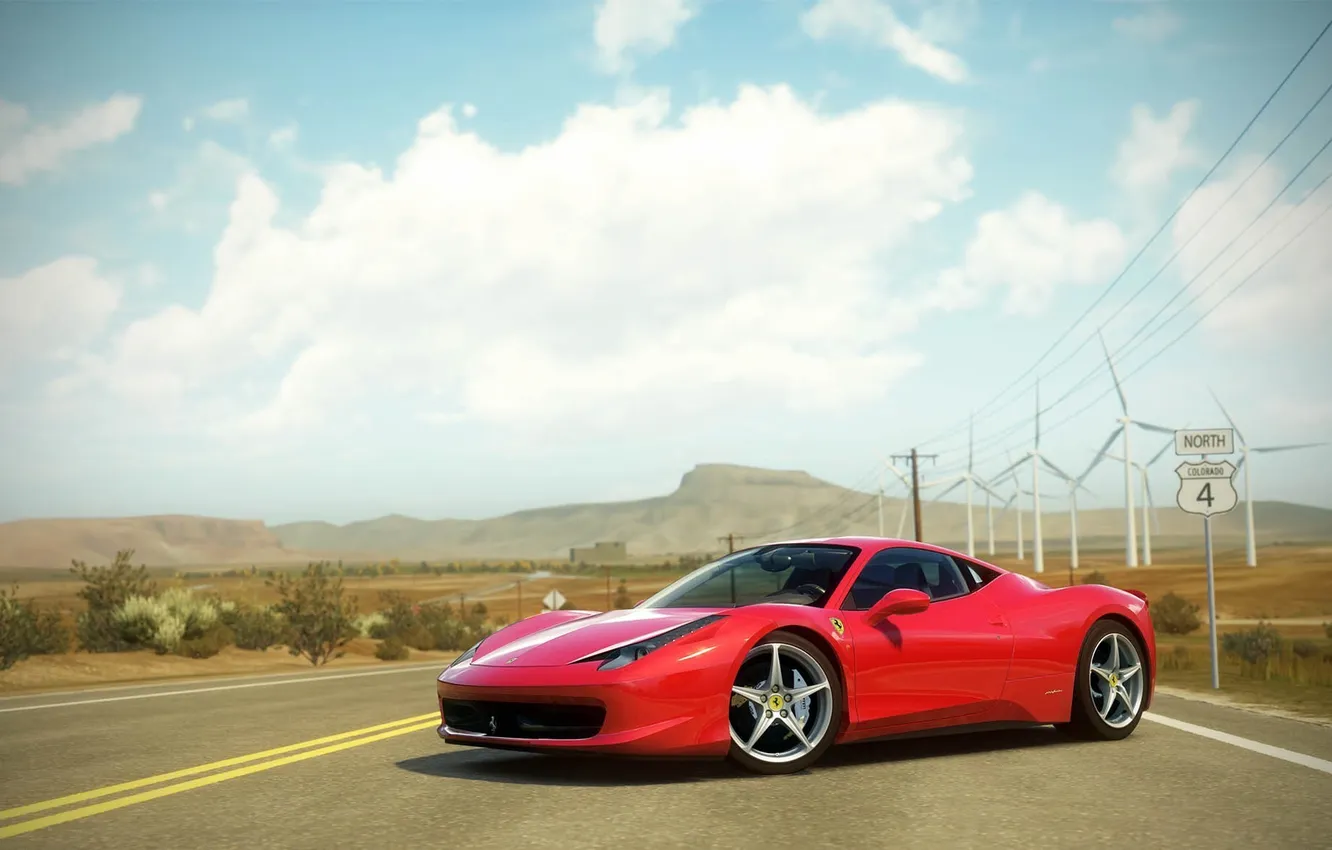 Фото обои дорога, машина, спортивная, ferrari, красная, сша, лэп, Forza Horizon