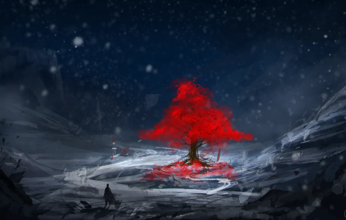 Фото обои холод, зима, листья, снег, арт, Carlos Arthur, красное дерево