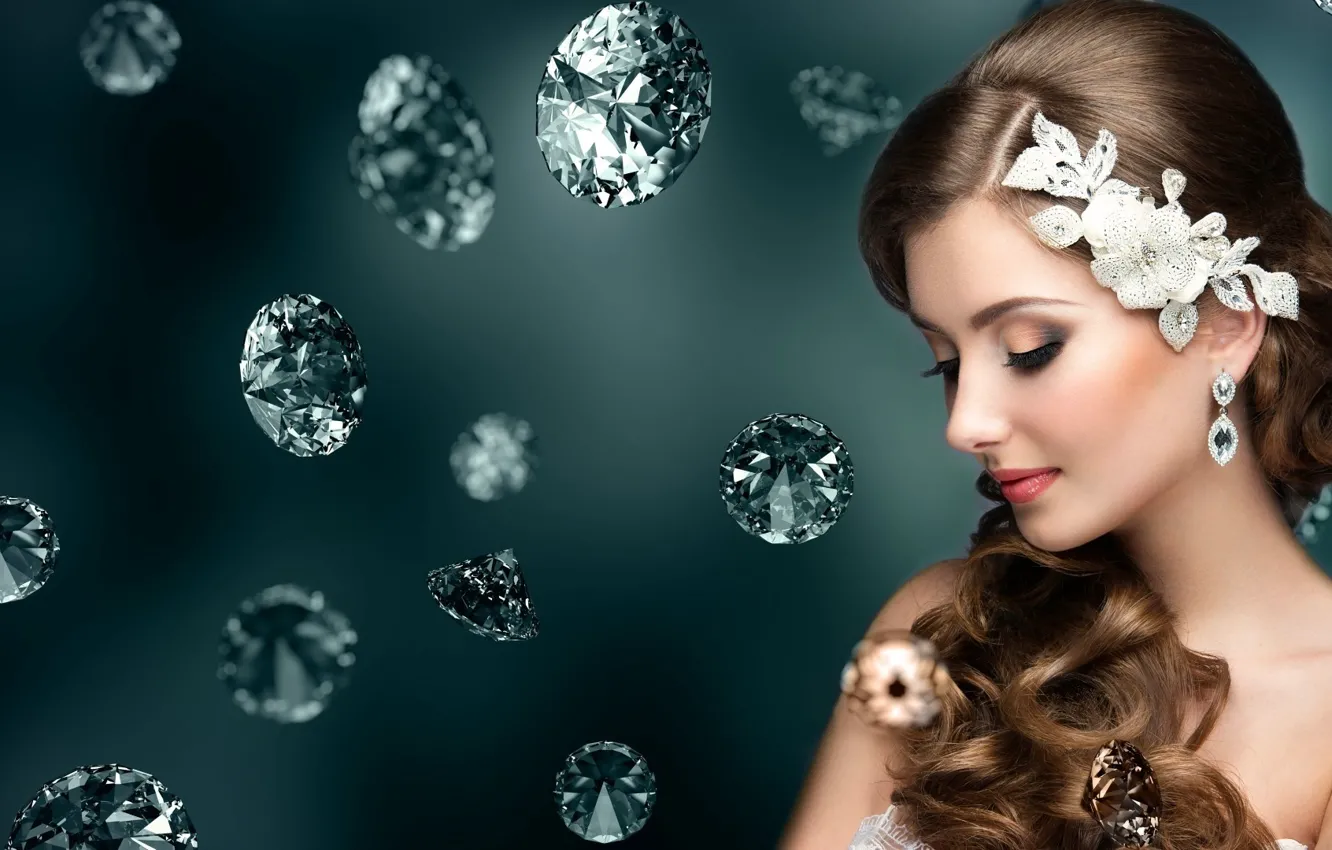 Фото обои девушка, украшения, камни, макияж, сережки, diamond, украшения для волос