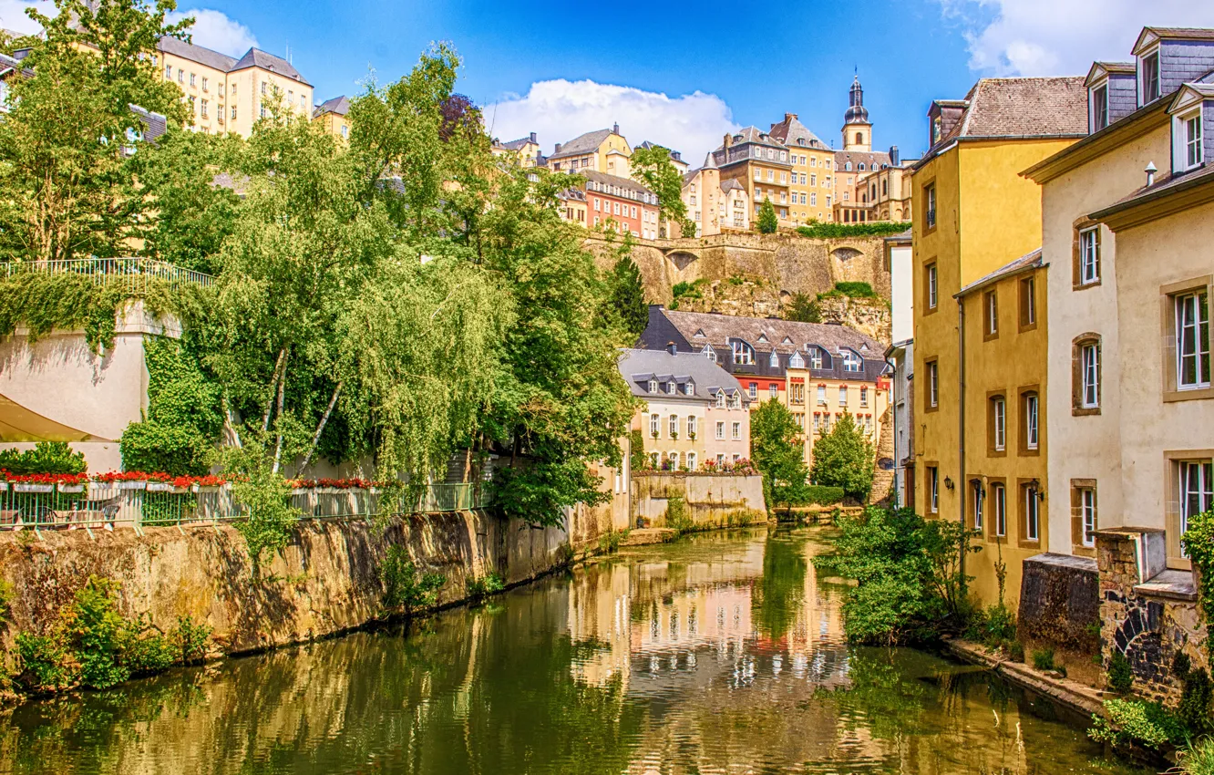 Фото обои река, дома, Люксембург, герцогство, Зауэр