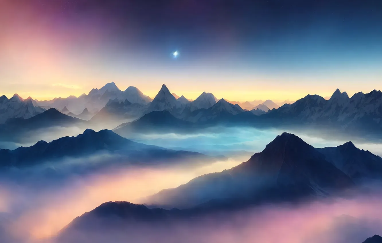 Фото обои sunset, mountains, snow, stars, sunrise, mist, snowy peak, peak