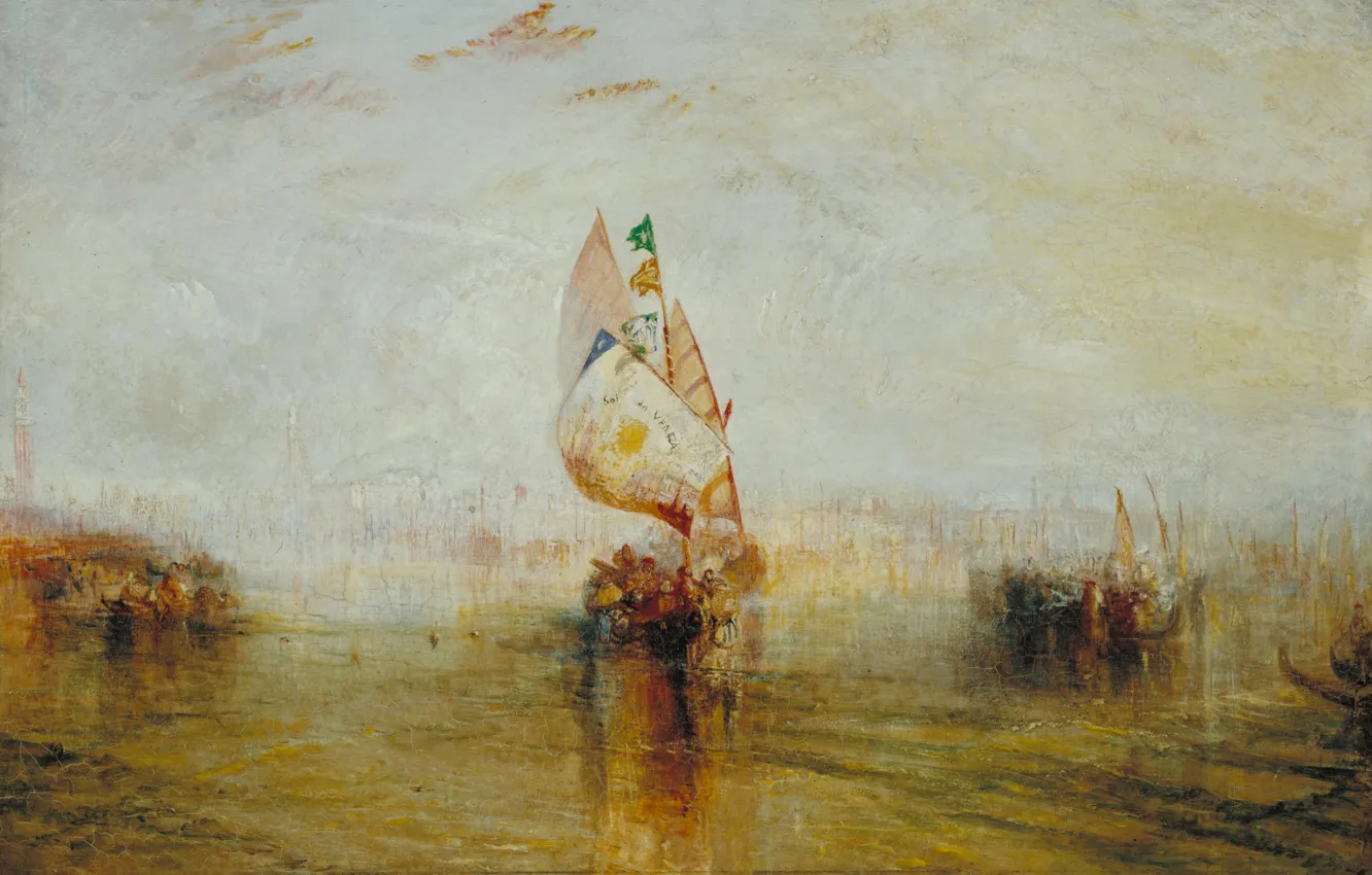 Фото обои лодка, картина, акварель, парус, морской пейзаж, Уильям Тёрнер, The Sun of Venice Going to Sea