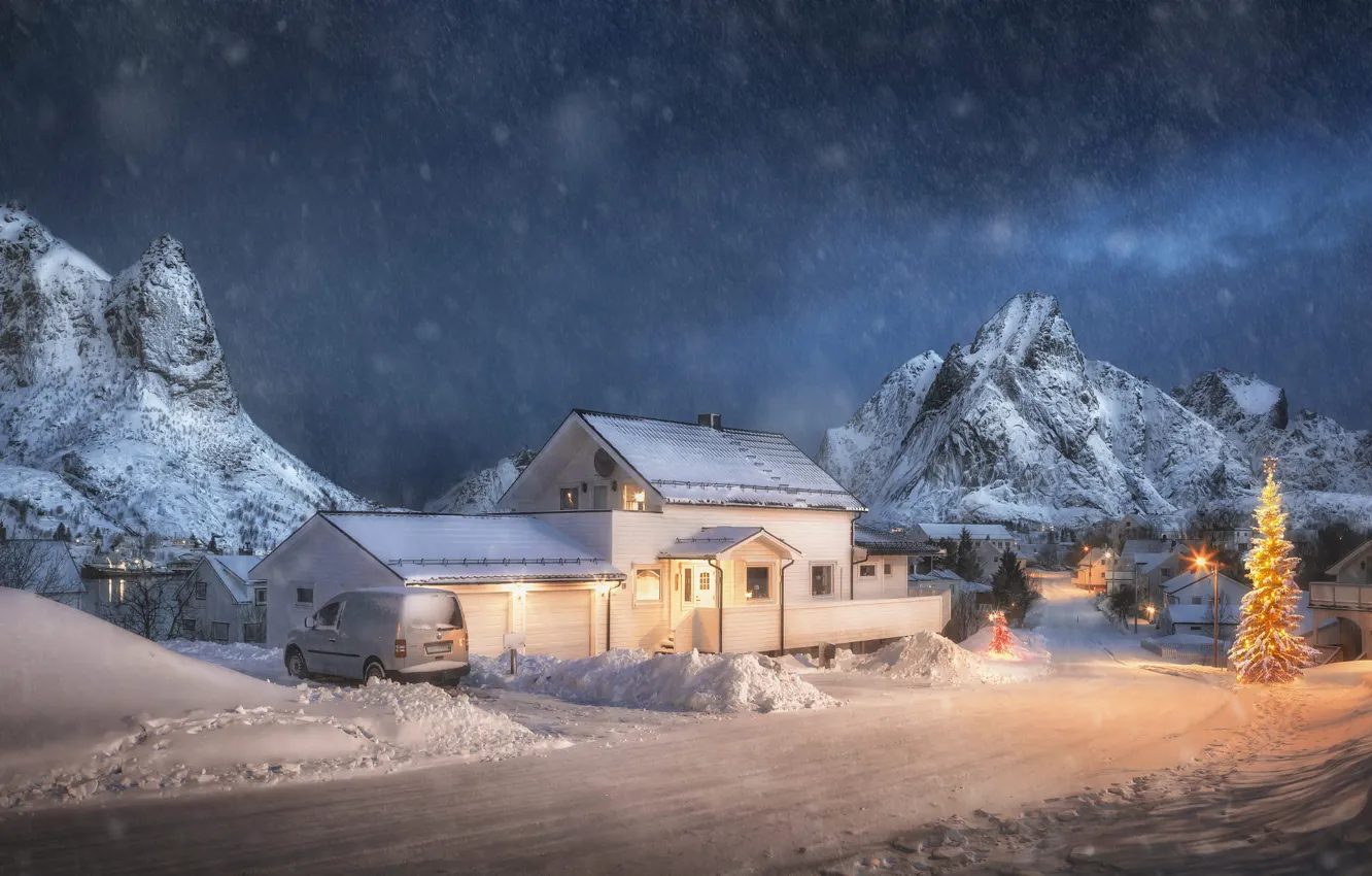 Фото обои зима, дорога, машина, белый, небо, снег, горы, ночь