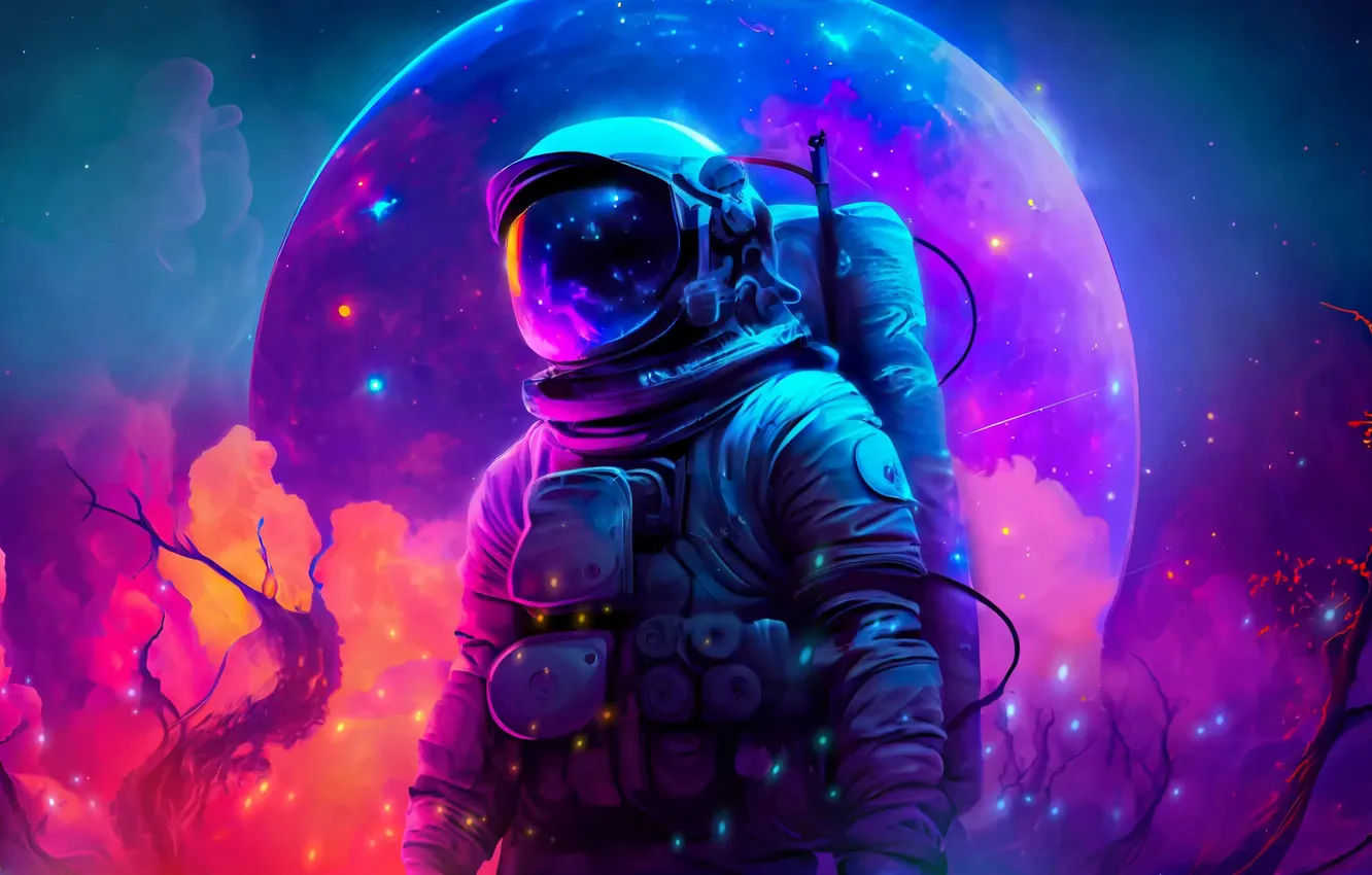 Фото обои Galaxy, Neon, Man, Astronaut, Month, AI Art