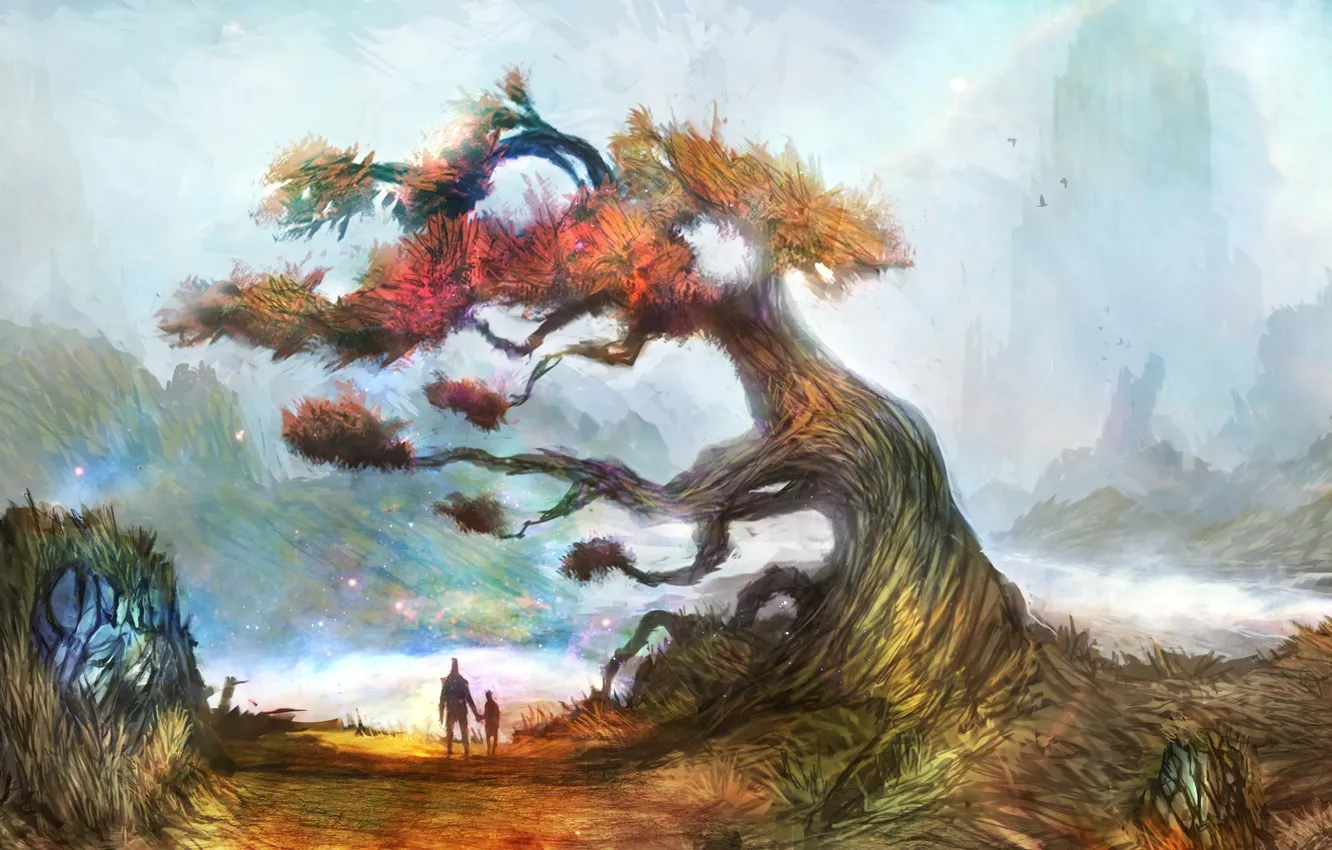Фото обои туман, дерево, мальчик, арт, мужчина
