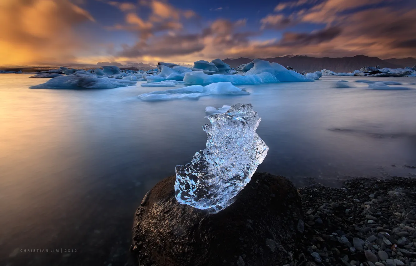 Фото обои лед, море, закат, горы, ледник