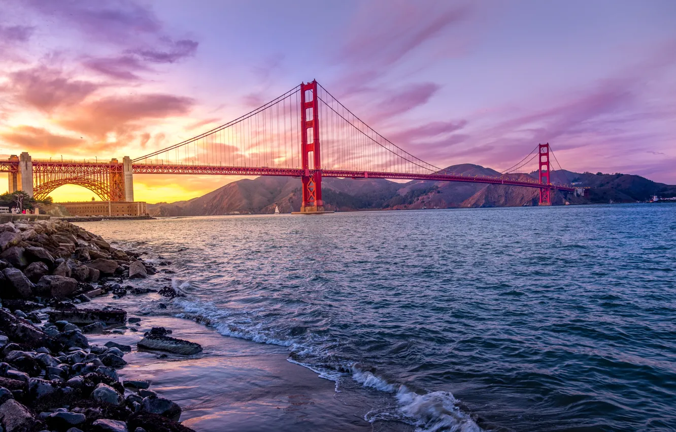 Фото обои USA, Golden Gate Bridge, United States, river, sky, sunset, water, California