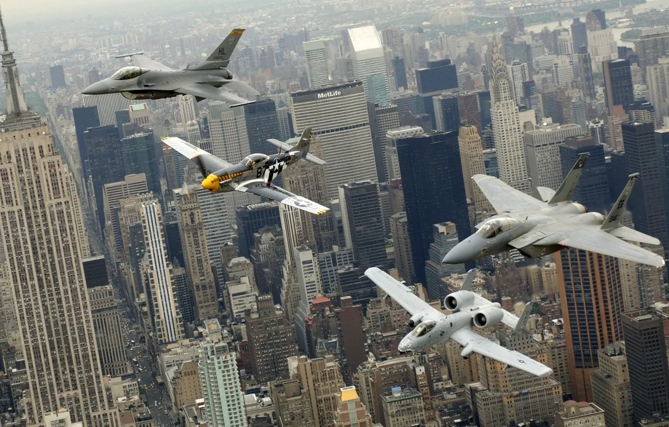 Фото обои город, Нью-Йорк, самолеты, парад